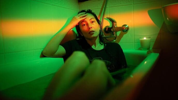 A young Asian woman in a t-shirt sits in a bathtub under a neon light, conveying a sense of depression.