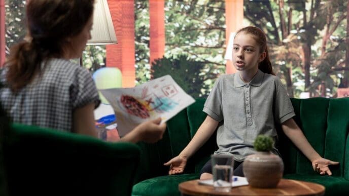 A young girl with a furrowed brow and clenched fists appears angry while reviewing disturbing drawings with a psychologist.