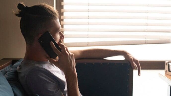 A young man sits at a cafe table, talking on a mobile phone.