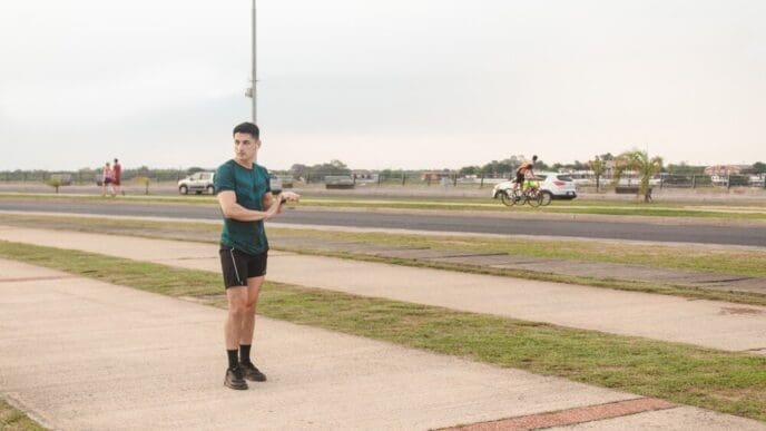 A young man stretches before starting a jog on a waterfront path.