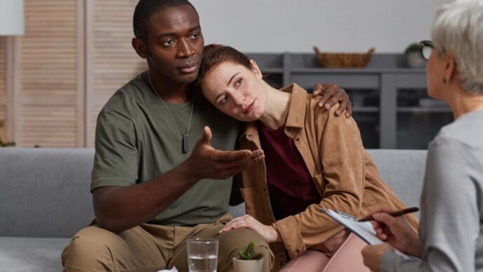A young multiethnic couple sits together, supporting each other during a consultation with a psychologist.