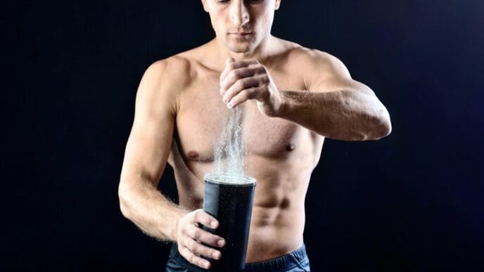 A young, muscular man pours protein powder from a container into a black shaker bottle against a dark studio backdrop.