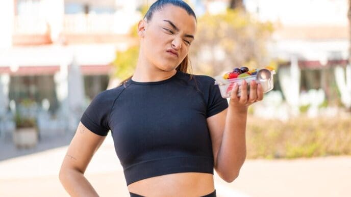 A young brunette woman with a sad expression holds a bowl of fruit outdoors.