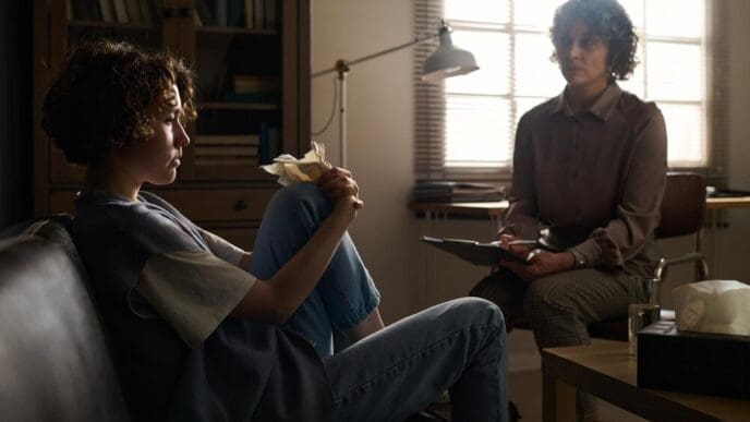 A young woman with a troubled expression sits on a couch facing a psychotherapist.