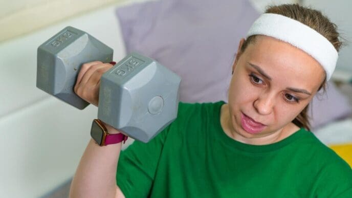 A young woman in a fitness studio lifts a dumbbell while focusing on strength training.
