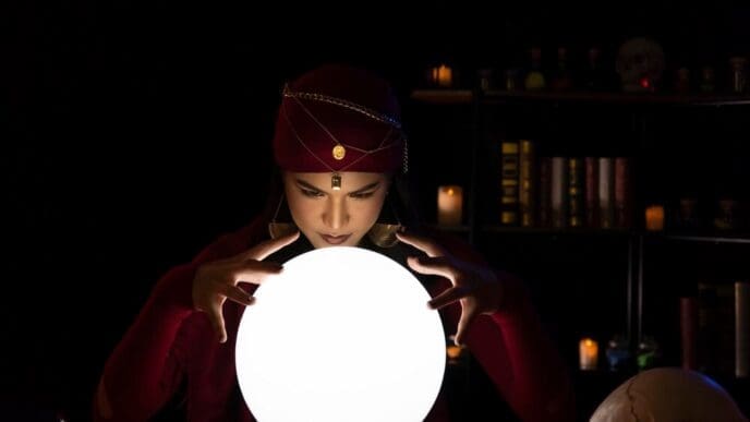 A young woman gestures over a glowing crystal ball in a dimly lit room.