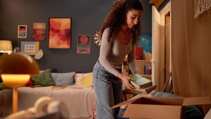 A young woman sorts books on shelves in a comfortable, well-lit room.