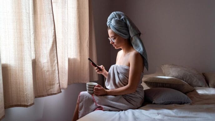 A young woman sits on a bed, looking at her phone.