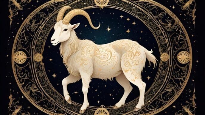 A stylized illustration depicts the zodiac symbol for Capricorn, a mythical sea-goat.