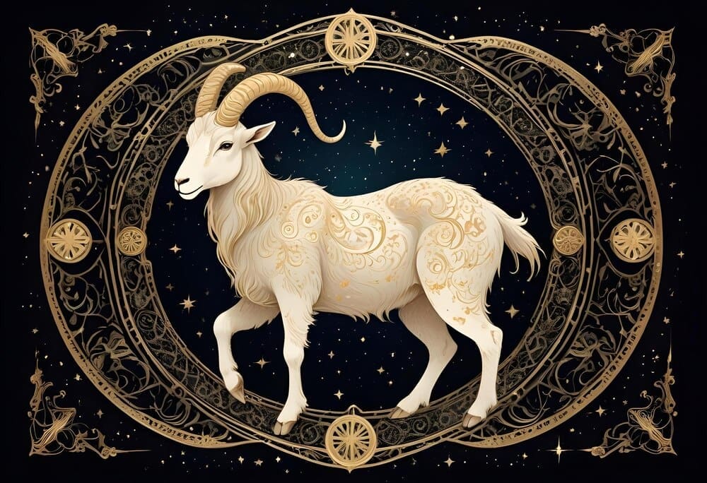 A stylized illustration depicts the zodiac symbol for Capricorn, a mythical sea-goat.