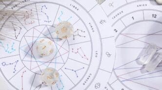 Flat lay of a zodiac wheel natal chart with astrology dice and stones on a grey table.