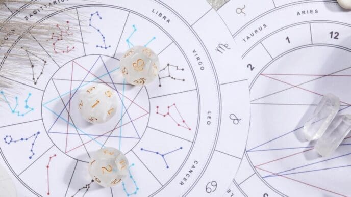 Flat lay of a zodiac wheel natal chart with astrology dice and stones on a grey table.