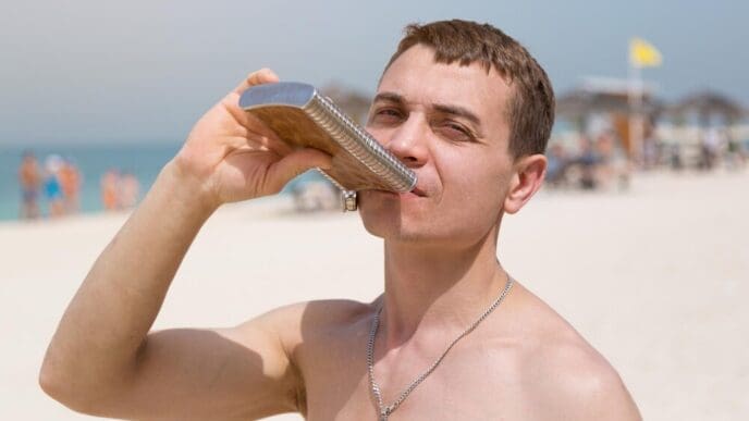 A man in his thirties or forties drinks from a metal flask while sitting on a city beach.