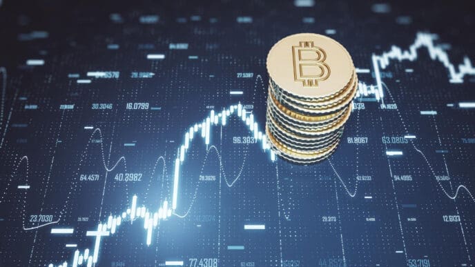A stack of gold bitcoin coins on a background of a dynamic, glowing stock chart