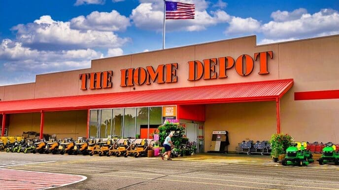 The exterior of a Home Depot store in Blairsville, Georgia, with an American flag flying on the roof and riding lawnmowers in the foreground.