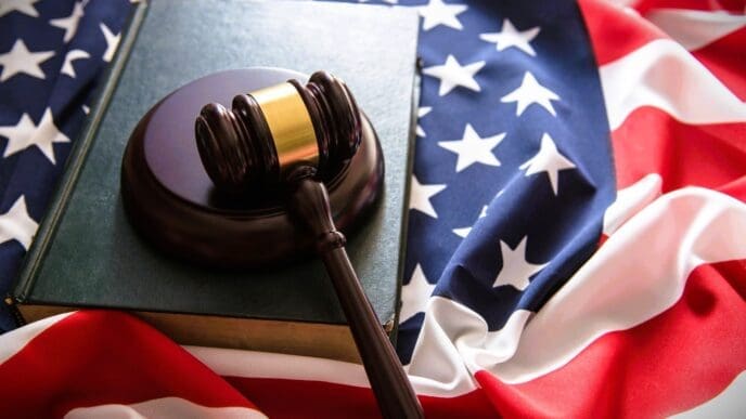 A judge's gavel rests on a law book on top of a wrinkled American flag