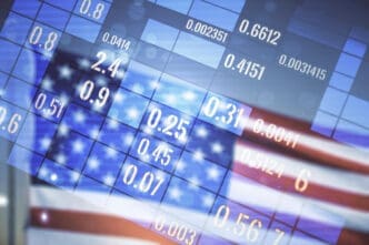 A digital graphic of a data grid with numbers superimposed over a blurry American flag.