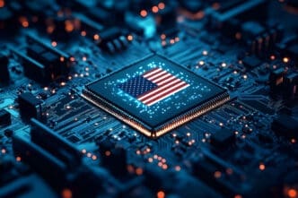 A close-up view of a microchip with the American flag on its surface, placed on a futuristic-looking circuit board.