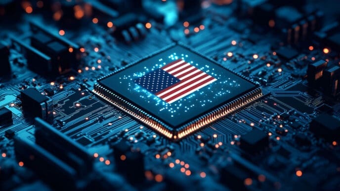 A close-up view of a microchip with the American flag on its surface, placed on a futuristic-looking circuit board.