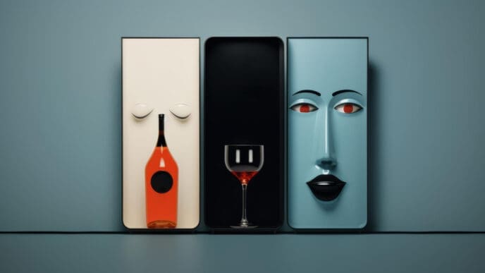 A surrealist 3D render of a bottle of wine and a wine glass positioned within three rectangular, phone-like objects, one of which has a face.