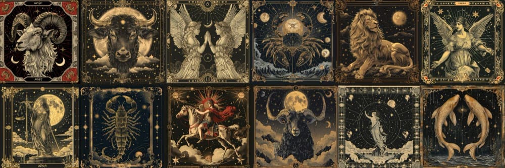 A detailed artistic collage of the twelve zodiac signs, each depicted in a separate ornate square with a dark, gold-trimmed, and mystical theme. The signs include Aries, Taurus, Gemini, Cancer, Leo, Virgo, Libra, Scorpio, Sagittarius, Capricorn, Aquarius, and Pisces.