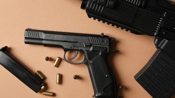 A top-down view of a black pistol, a rifle, a magazine, and several loose bullets on a tan surface