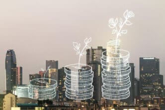 An illustration of three stacks of coins with plants growing from the top, set against a cityscape at night.