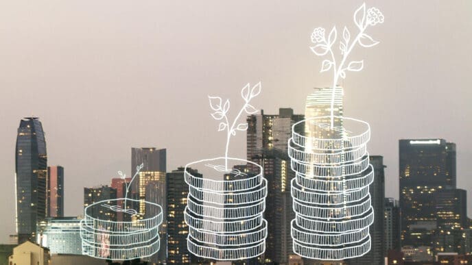 An illustration of three stacks of coins with plants growing from the top, set against a cityscape at night.