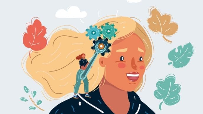 A cartoon illustration of a woman with three interlocked gears on her head, which a small person is trying to adjust with a wrench.