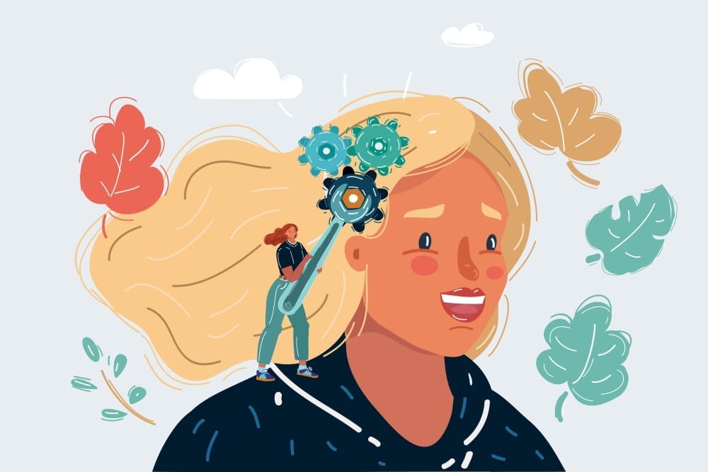 A cartoon illustration of a woman with three interlocked gears on her head, which a small person is trying to adjust with a wrench.