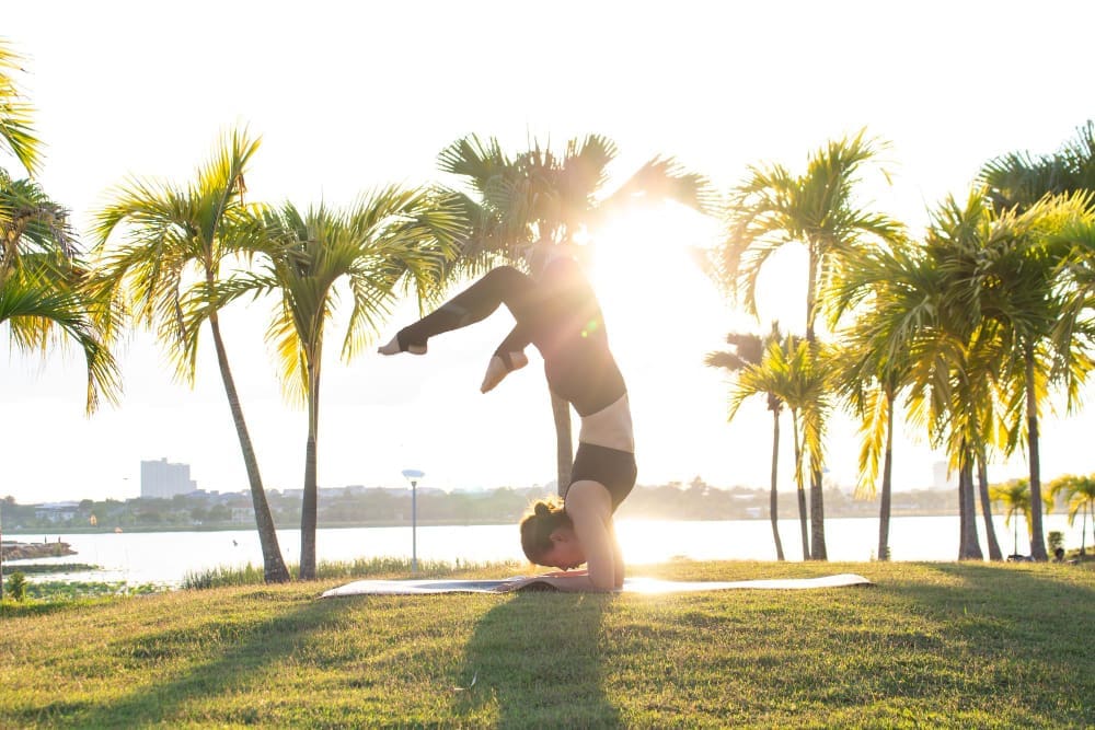 A woman performs a yoga forearm stand pose on a mat on a grassy lawn, with the sun setting behind her and palm trees in the background.