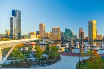 Downtown Baltiimore city skyline cityscape of Maryland