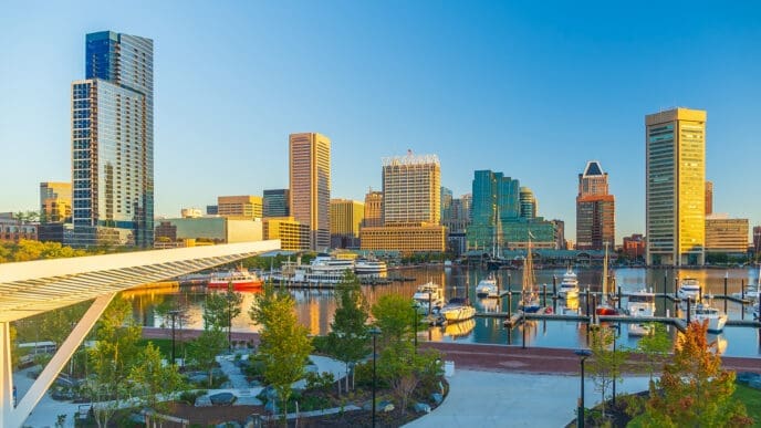 Downtown Baltiimore city skyline cityscape of Maryland