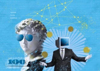 A digital collage with a blue, abstract background featuring a stone bust of a classical figure wearing sunglasses, a businessman with a computer for a head, various digital lines and floating coins, and a hundred-dollar bill, symbolizing the impact of billionaires.