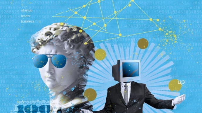 A digital collage with a blue, abstract background featuring a stone bust of a classical figure wearing sunglasses, a businessman with a computer for a head, various digital lines and floating coins, and a hundred-dollar bill, symbolizing the impact of billionaires.