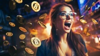 An excited woman in a city at night, with a surprised expression as golden Bitcoin coins rain down around her.