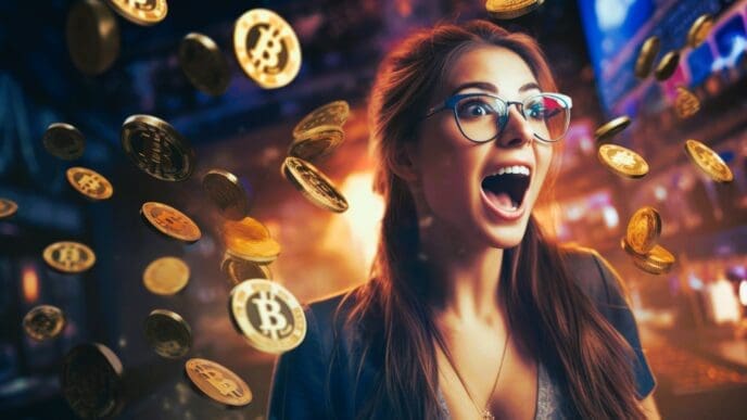 An excited woman in a city at night, with a surprised expression as golden Bitcoin coins rain down around her.