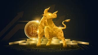 A 3D render of a low-poly golden bull statue on a platform, with a glowing Bitcoin coin and upward arrows in the background.