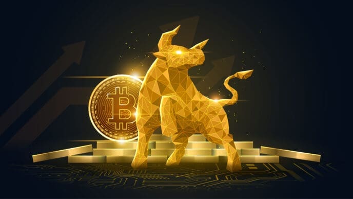 A 3D render of a low-poly golden bull statue on a platform, with a glowing Bitcoin coin and upward arrows in the background.