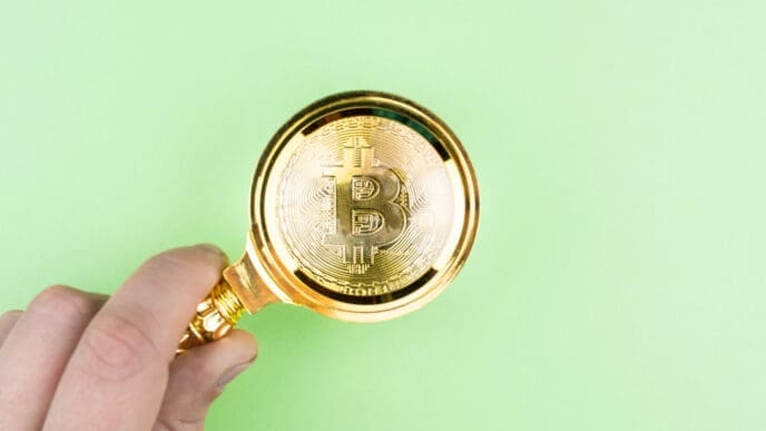 A person's hand holds a golden magnifying glass over a golden Bitcoin coin, all against a plain green background.
