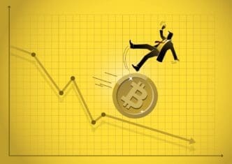 A cartoon illustration of a man in a business suit falling off a rolling Bitcoin coin that is moving along a downward-sloping financial chart.