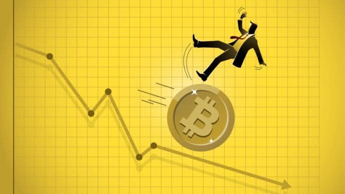 A cartoon illustration of a man in a business suit falling off a rolling Bitcoin coin that is moving along a downward-sloping financial chart.