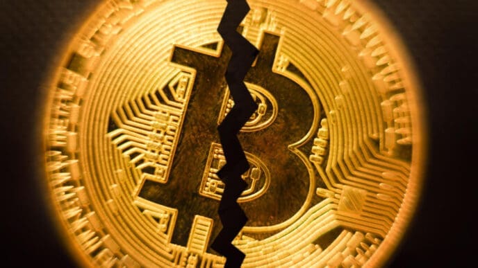 A close-up photograph of a golden Bitcoin coin with a prominent, jagged black crack running vertically through its center.