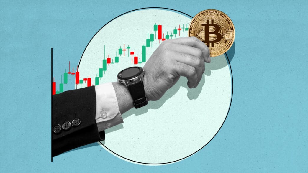 An illustration of a person's hand in a business suit holding a Bitcoin coin, set against a background of an upward-trending financial candlestick chart.