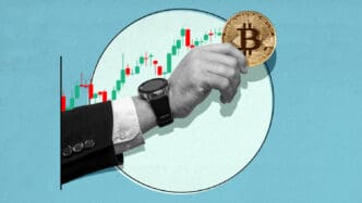 A person's arm in a business suit holding a Bitcoin coin, set against a background of an upward-trending financial candlestick chart.