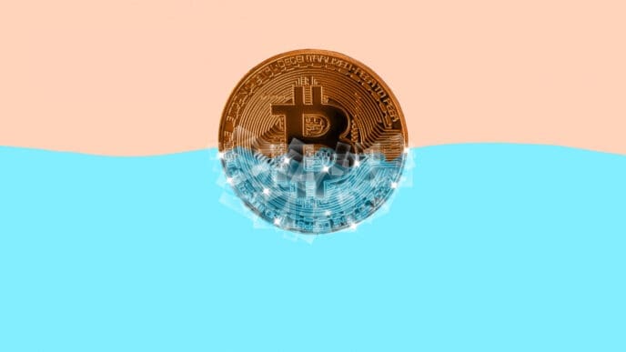 A graphic of a Bitcoin coin half-submerged in water, with a light pink background above the water.