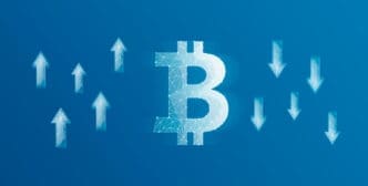 A digital graphic of a glowing, geometric Bitcoin symbol in the center, with a cluster of white arrows pointing upwards on the left and another cluster pointing downwards on the right.