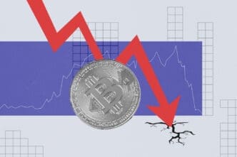 A conceptual illustration of a large red arrow pointing down through a silver Bitcoin coin and cracking the ground, symbolizing a market crash.
