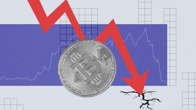 A conceptual illustration of a large red arrow pointing down through a silver Bitcoin coin and cracking the ground, symbolizing a market crash.
