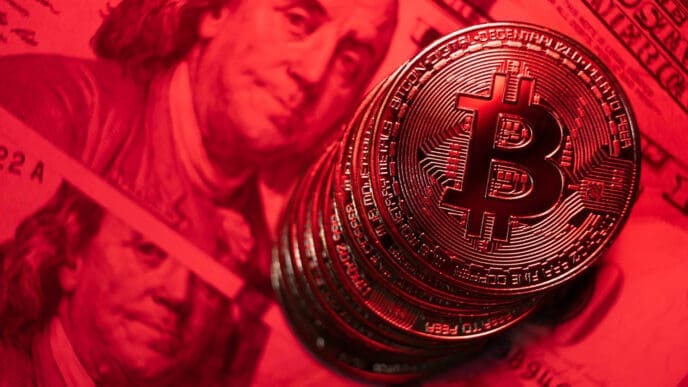 A close-up photograph of a stack of golden Bitcoin coins illuminated by a dramatic red light, with a blurry US hundred-dollar bill visible in the background.